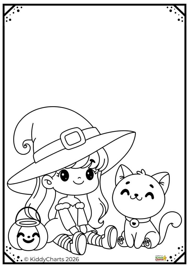 A cartoon witch with a pumpkin sits beside a smiling cat. The image is framed with decorative corners and simple outlines.