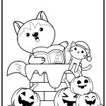 A cute cartoon fox and cat read a book atop stacked pumpkins, featuring Halloween-themed decorations on a coloring page background.