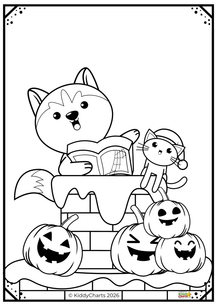 A cute cartoon fox and cat read a book atop stacked pumpkins, featuring Halloween-themed decorations on a coloring page background.