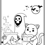Cartoon cat reading with a ghost, cauldron, pumpkins, stars, and bats in a Halloween-themed black-and-white illustration.