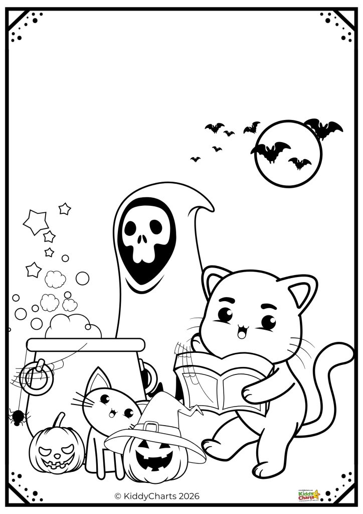 Cartoon cat reading with a ghost, cauldron, pumpkins, stars, and bats in a Halloween-themed black-and-white illustration.