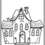 A whimsical, spooky house with boarded windows, arched door, and chimney, depicted in a hand-drawn, cartoon style, surrounded by a simple border.
