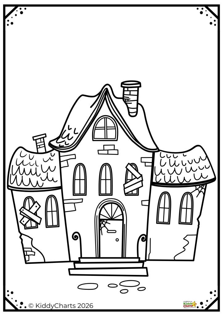 A whimsical, spooky house with boarded windows, arched door, and chimney, depicted in a hand-drawn, cartoon style, surrounded by a simple border.