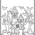 A spooky house under a full moon, surrounded by trees, gravestones, and flying bats, creating a Halloween ambiance.