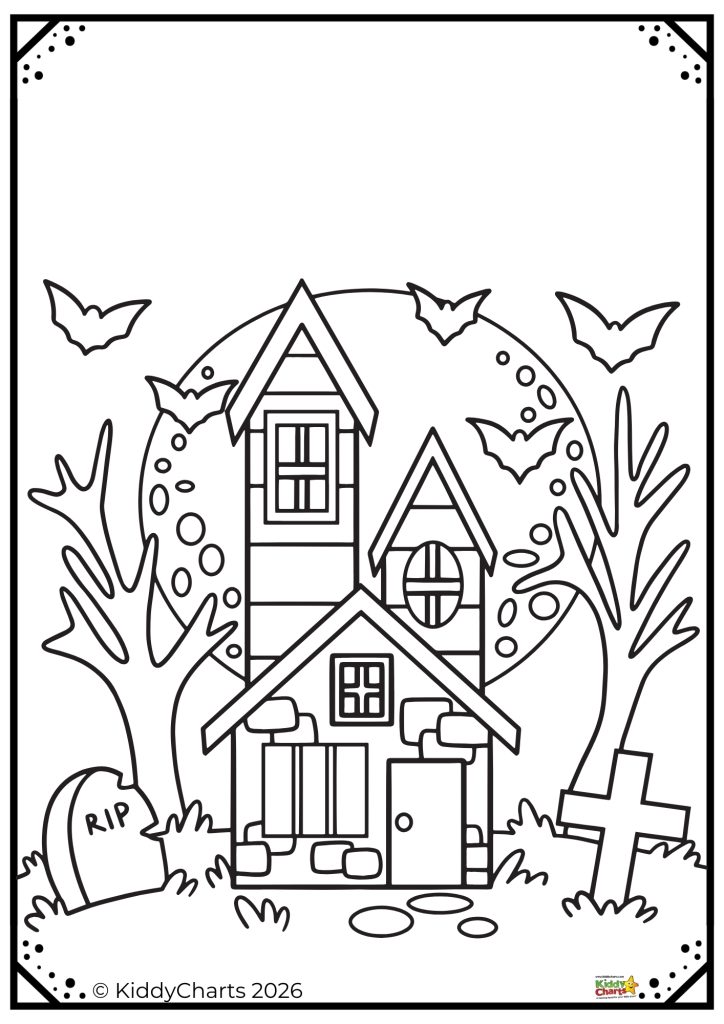 A spooky house under a full moon, surrounded by trees, gravestones, and flying bats, creating a Halloween ambiance.
