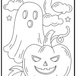 A ghost, Jack-o'-lantern, stars, moon, and clouds create a spooky Halloween scene. Outlined for coloring in a decorative frame.