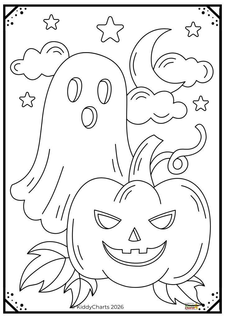 A ghost, Jack-o'-lantern, stars, moon, and clouds create a spooky Halloween scene. Outlined for coloring in a decorative frame.