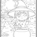 A person dressed as a witch winks, stirring a bubbling cauldron under a starry sky, with a castle in the background.