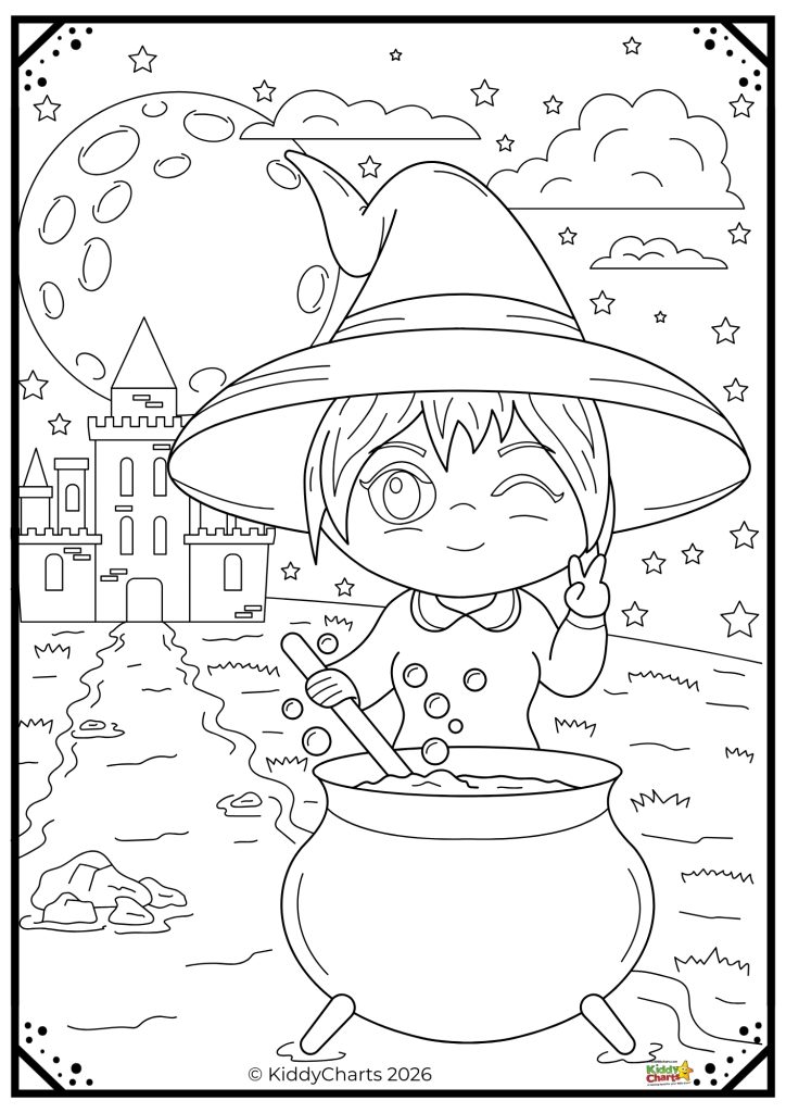 A person dressed as a witch winks, stirring a bubbling cauldron under a starry sky, with a castle in the background.