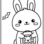Cute bunny holding a Jack-o'-lantern, with a bat flying nearby. Simple black-and-white line drawing with a dotted border.