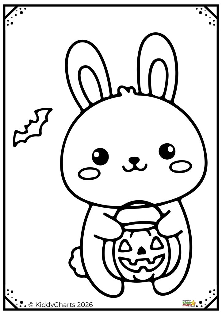 Cute bunny holding a Jack-o'-lantern, with a bat flying nearby. Simple black-and-white line drawing with a dotted border.