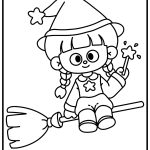 A cute cartoon witch with braids sits on a broomstick, holding a magic wand. Star accents are featured throughout the design.