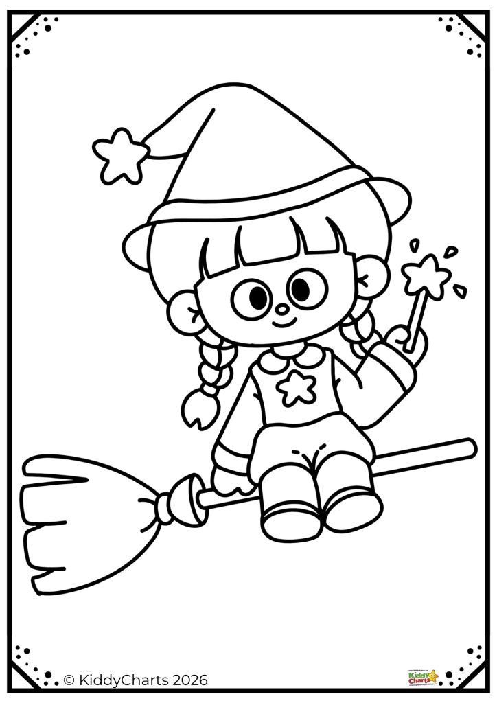 A cute cartoon witch with braids sits on a broomstick, holding a magic wand. Star accents are featured throughout the design.