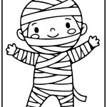 A child wrapped in bandages like a mummy, smiling with outstretched arms, in a simple black and white illustration style.