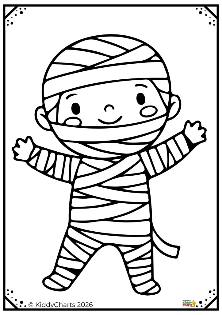 A child wrapped in bandages like a mummy, smiling with outstretched arms, in a simple black and white illustration style.