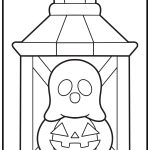 Black-and-white illustration of a lantern with a ghost and jack-o'-lantern inside, featuring simple outlines and decorative corners.