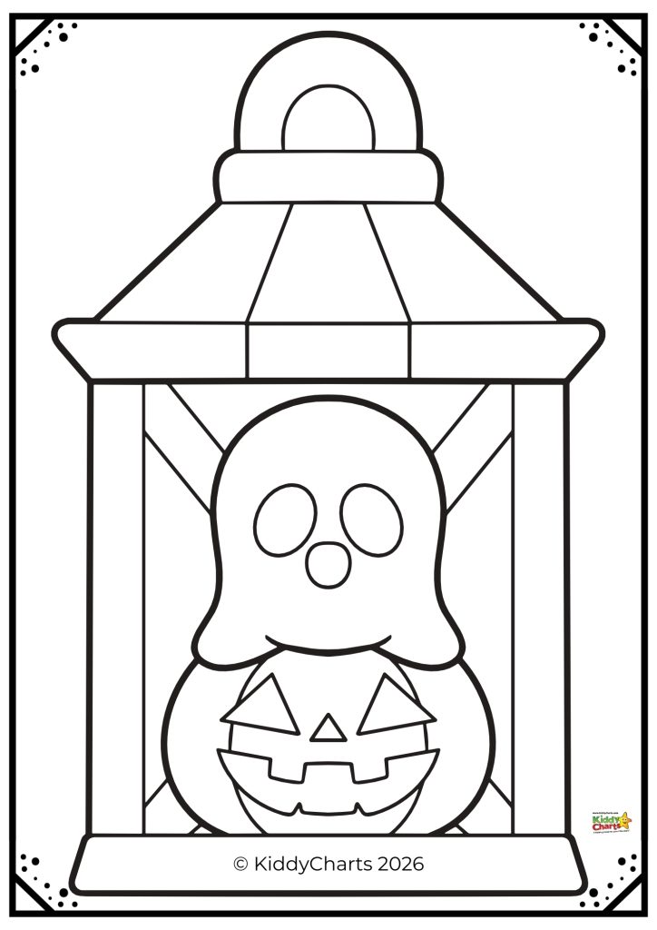 Black-and-white illustration of a lantern with a ghost and jack-o'-lantern inside, featuring simple outlines and decorative corners.