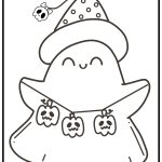 A cute ghost wearing a dotted hat and spooky pumpkins as decoration, outlined in a simple, whimsical style.