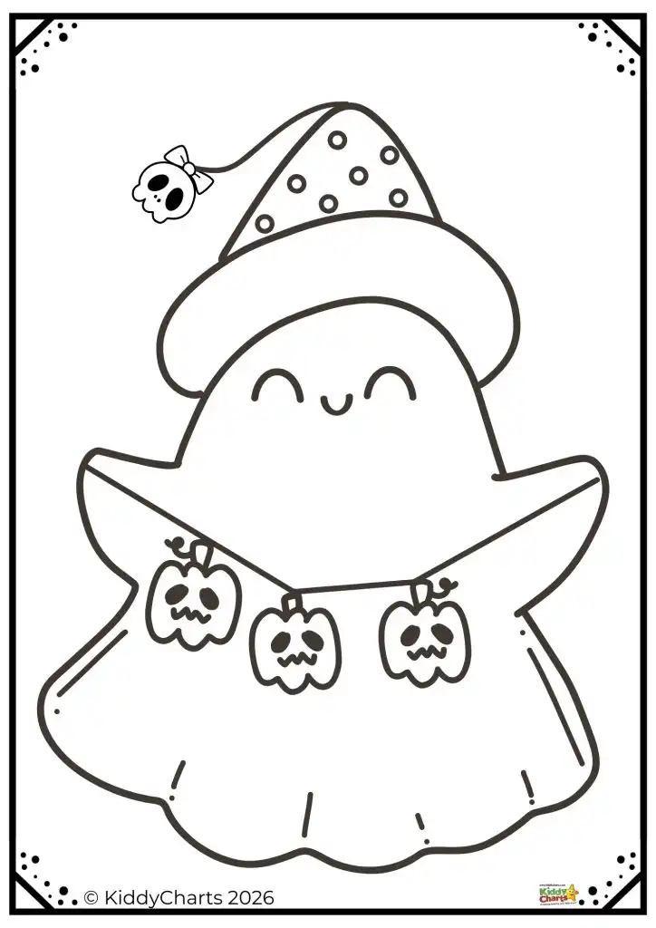 A cute ghost wearing a dotted hat and spooky pumpkins as decoration, outlined in a simple, whimsical style.