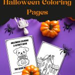 Halloween-themed promotion with coloring pages, pumpkins, spiders, and skeletons on a purple background. Includes a call to action for free downloads.