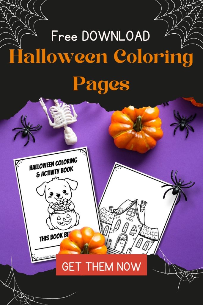 Halloween-themed promotion with coloring pages, pumpkins, spiders, and skeletons on a purple background. Includes a call to action for free downloads.