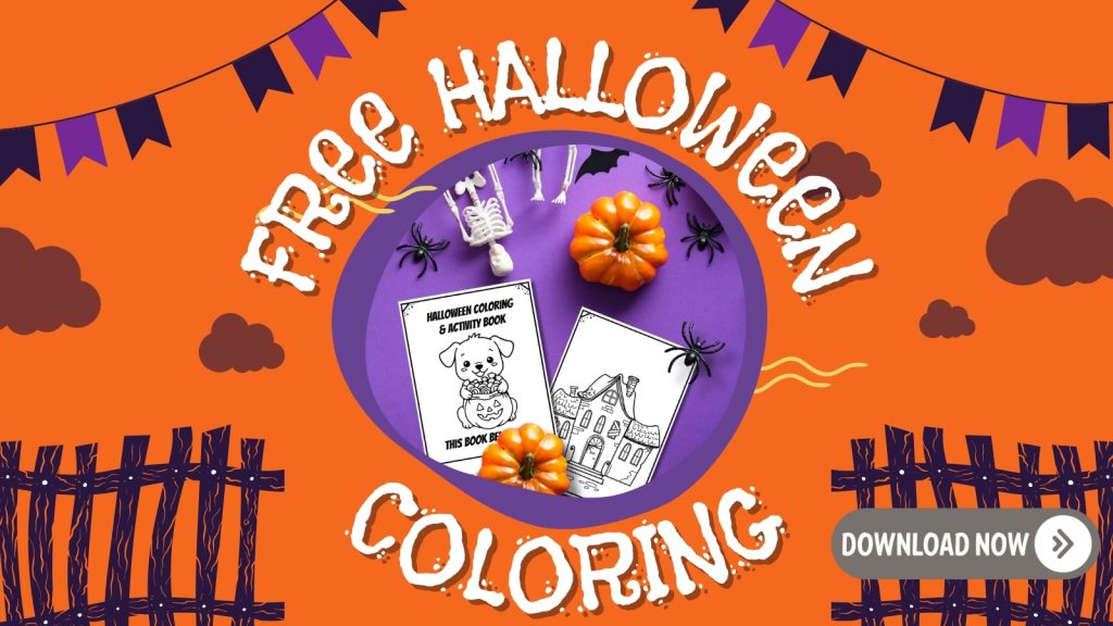 Halloween-themed coloring page with pumpkins, spiders, and skeleton. Includes downloadable activity book. Orange and purple background with festive decorations.