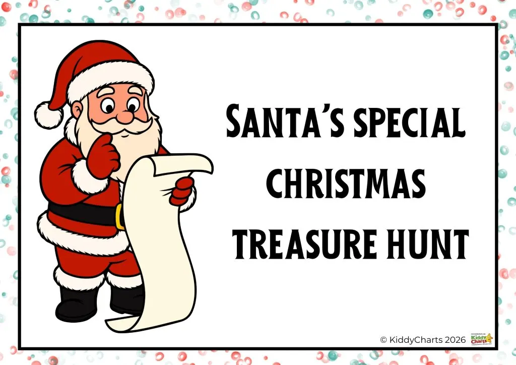 Cartoon Santa holds a long list, next to text reading "Santa's Special Christmas Treasure Hunt," amid festive red and green confetti.