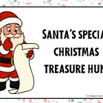 Cartoon Santa holds a long list, next to text reading "Santa's Special Christmas Treasure Hunt," amid festive red and green confetti.
