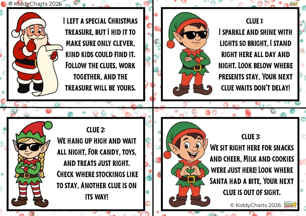 Festive cartoon image featuring Santa and elves providing rhyming clues for a Christmas treasure hunt amidst a decorative background.