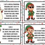 Festive cartoon image featuring Santa and elves providing rhyming clues for a Christmas treasure hunt amidst a decorative background.
