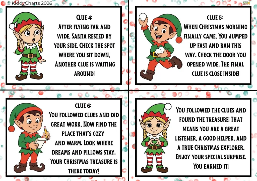 Four cartoon elves present a treasure hunt with rhyming clues, celebrating Christmas and encouraging exploration and fun.