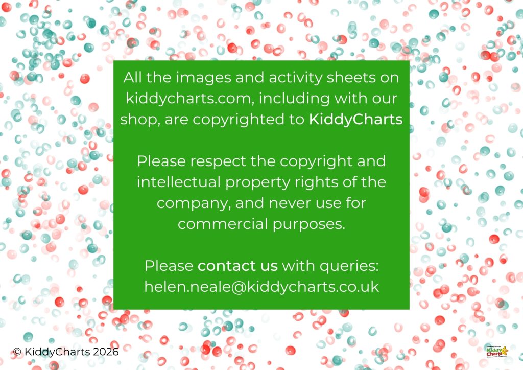 Colorful background featuring copyright notice for KiddyCharts, emphasizing respect for intellectual property rights and contact information for inquiries.