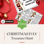 Festive Christmas treasure hunt cards featuring Santa and elves, with decorative ornaments. Promotional banner for downloads on a red background.