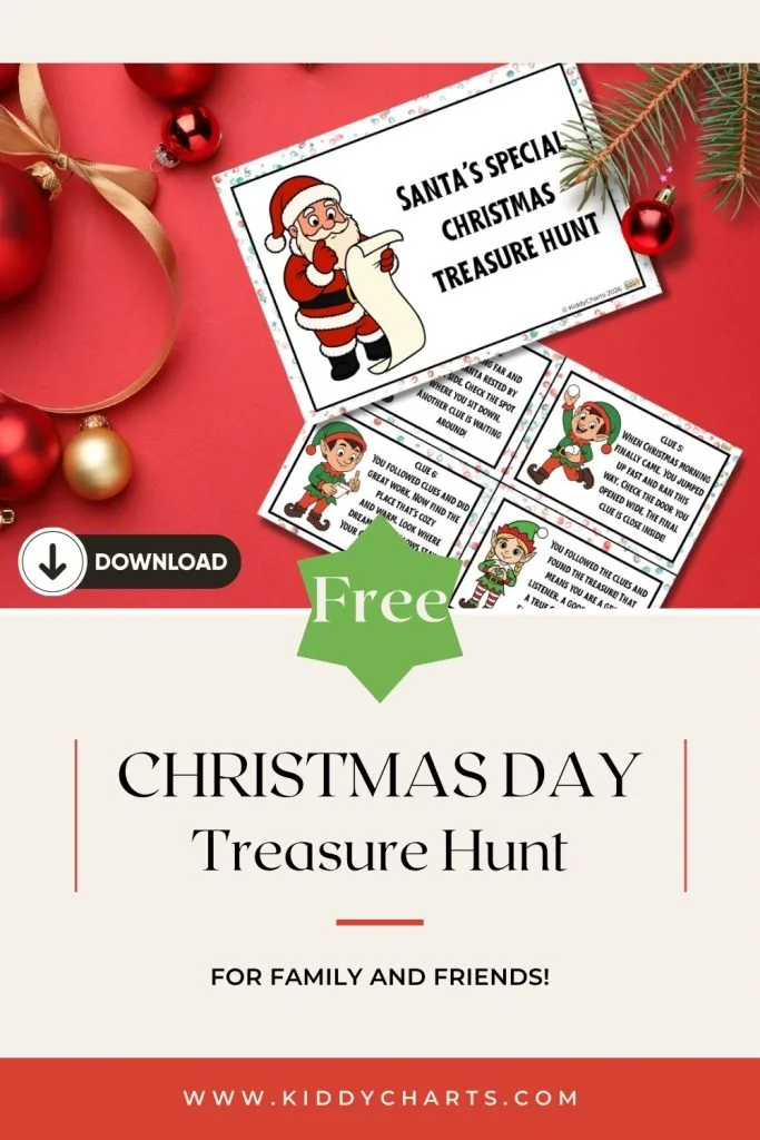 Festive Christmas treasure hunt cards featuring Santa and elves, with decorative ornaments. Promotional banner for downloads on a red background.