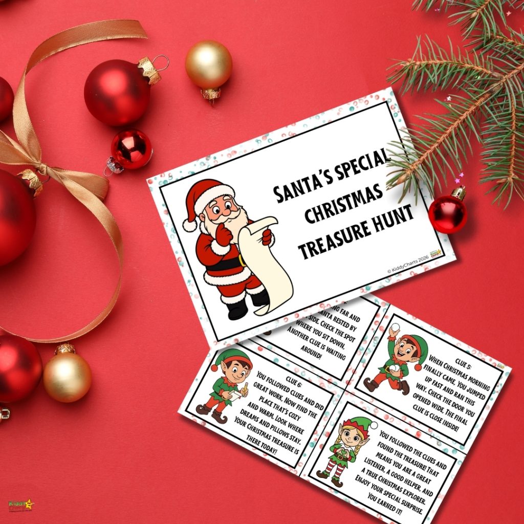 A festive card with Santa and elves describes a Christmas treasure hunt. Red ornaments and pine branches complement the holiday theme.