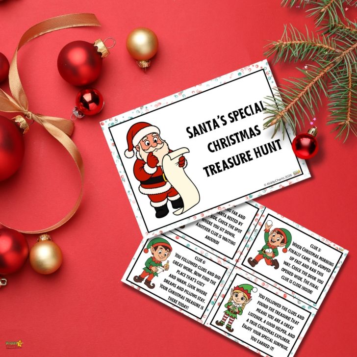 A festive card with Santa and elves describes a Christmas treasure hunt. Red ornaments and pine branches complement the holiday theme.