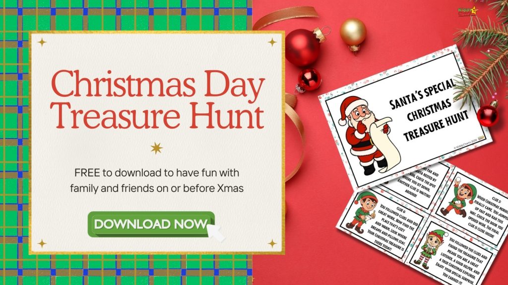 Festive image promoting a free Christmas Day treasure hunt download. Features Santa Claus, elves, holiday decorations, and a green "Download Now" button.