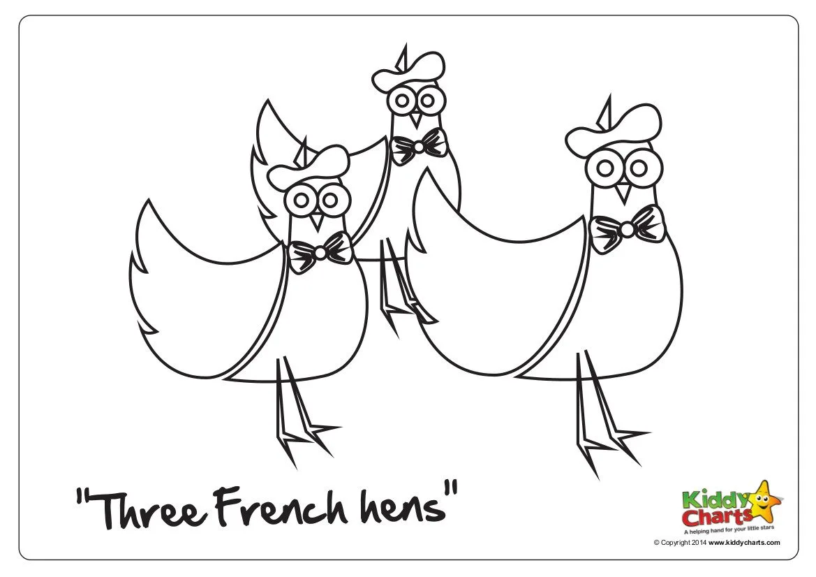 Another lovely colouring page from us in our 12 days of Christmas series - three French hens for your kids to colour in now.