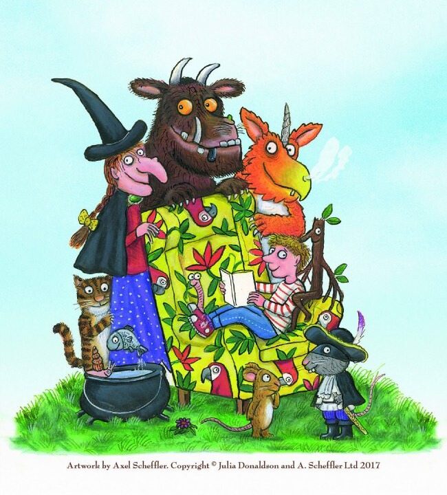 A cartoon illustration of a painting and drawing by Axel Scheffler in the artwork.
