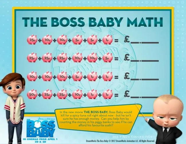 Boss Baby colouring pages and activity sheets maths