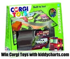 The image is advertising a competition to win Corgi Toys from kiddycharts.com.