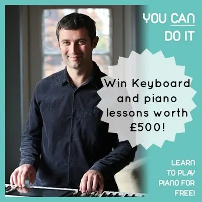 The image is offering a chance to win free piano and keyboard lessons worth £500 by learning to play the piano.