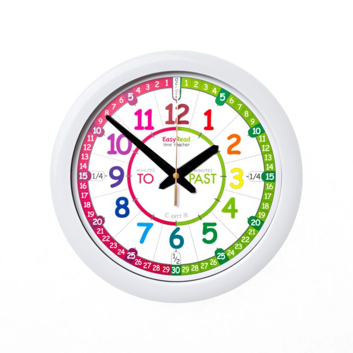 The quartz wall clock displays the time in a circular pattern with 1234 ou-jux 54321 6 5 61 7 11 12 1 8 8 9 9 10 11 10 10 Easy Read 2 12 11 time teacher 12 13 13 14 14 15 1/4- 9 MINUTES TO MINUTES PAST 31/4 15 16 16 17 18 8 4 17 18 19 20 O ERTT ® 19 22 22 23 24 25 765 20 26 27 28 29 30 29 28 27 26 1/2 25 24 23.