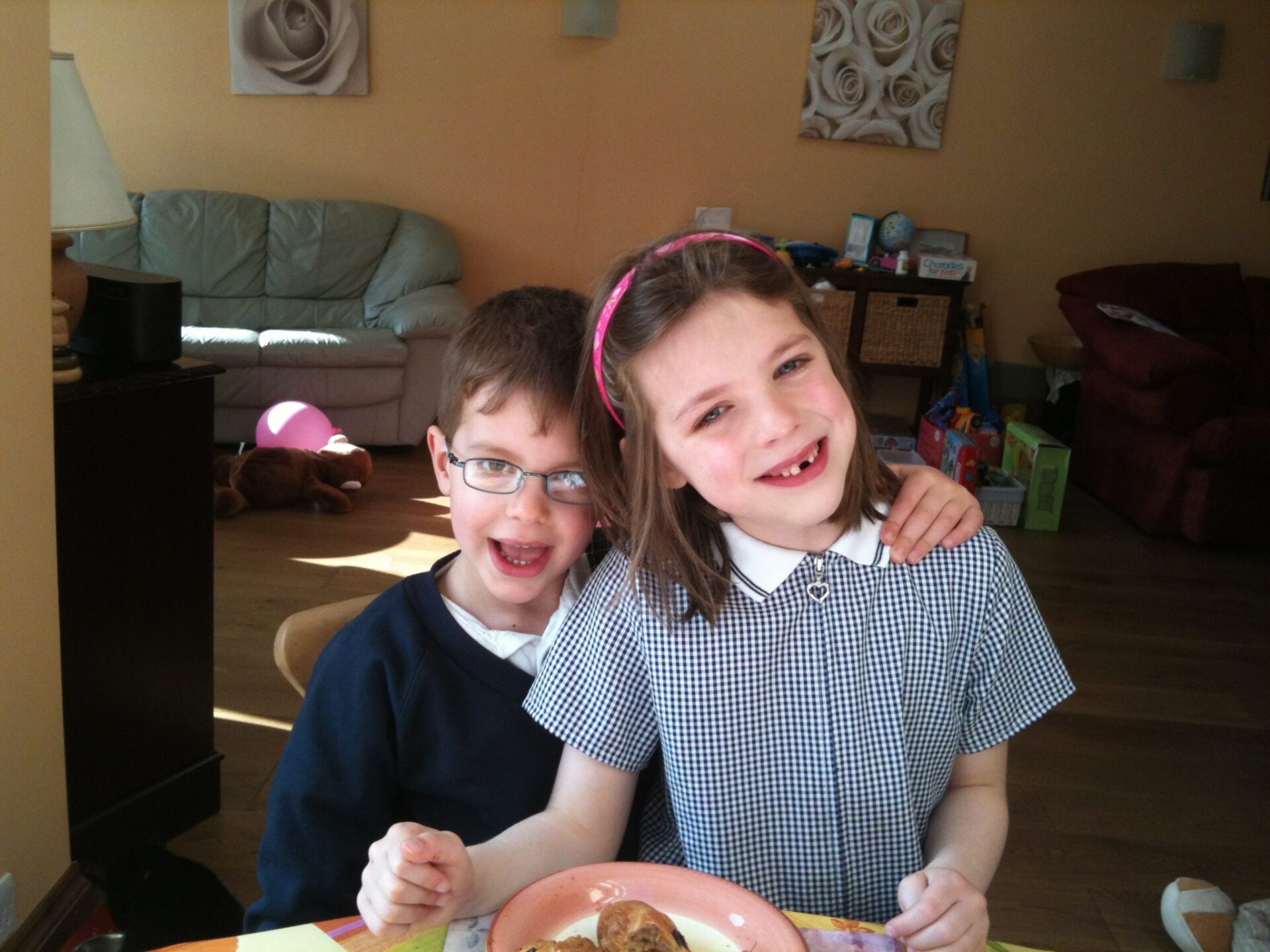 Grinning at mummys MAD Blog Award short-listing; but with school uniforms this time!