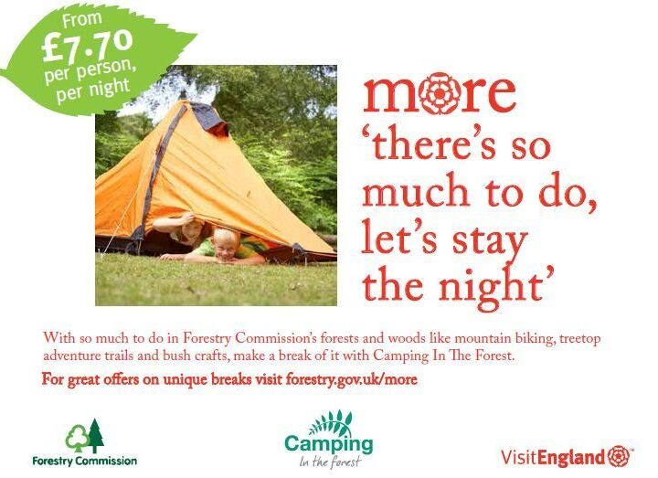This image is promoting camping in the Forestry Commission's forests and woods, offering great deals for unique breaks.