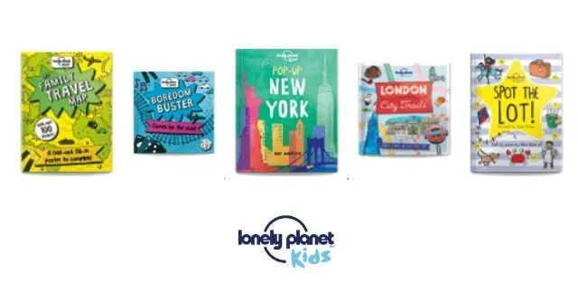 This image is promoting a family travel game to explore London and New York City and find 100 spots recommended by Lonely Planet Kids.