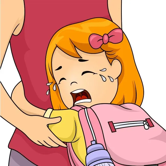 cartoon image of child with separation anxiety crying and holding to their mother 