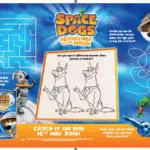 In this image, the Space Dogs are on an adventure to the moon to help Strelka find their friend Radia, and the viewer is asked to help Pushak find their way to Lenny and spot differences between pictures of Kazbek, as well as solve puzzles to help the Space Dogs.