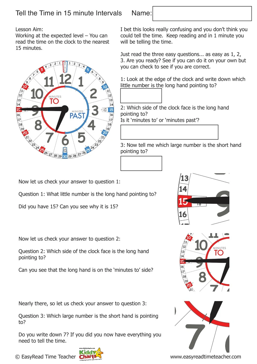 Learning to tell the time in 15 minute intervals - worksheets for the kids! #time #homeschool #learning #kids