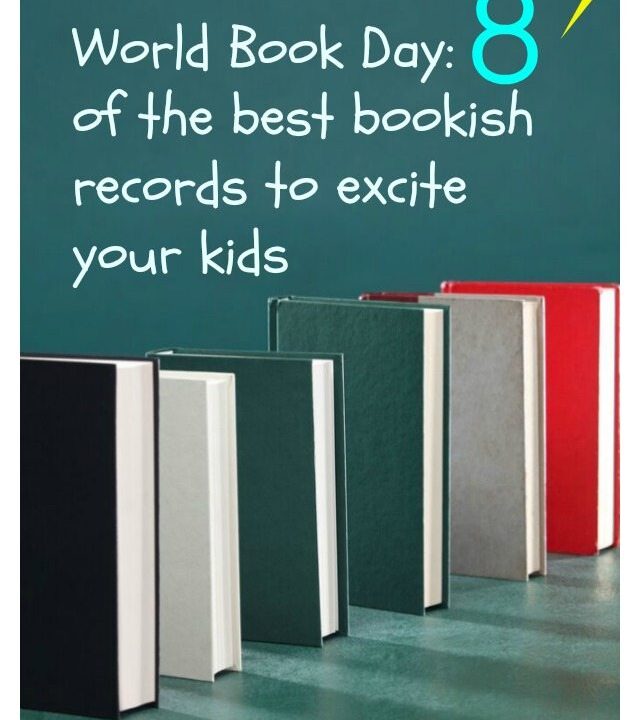This image is promoting World Book Day by providing a list of 8 of the best bookish records to excite kids from the website Kiddy Charts.
